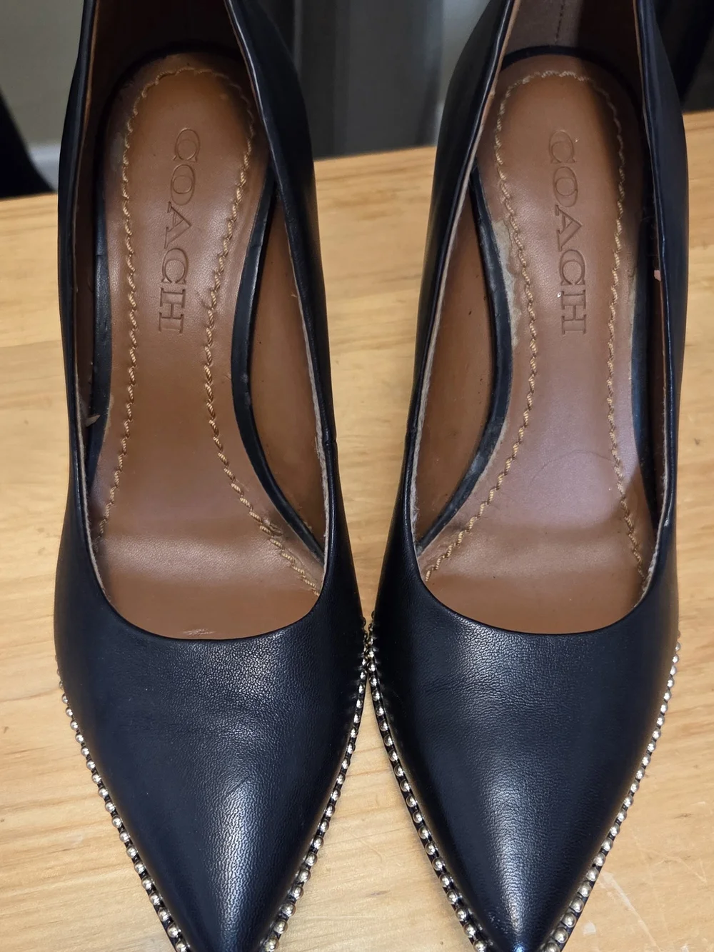 Coach Waverly Black Leather Pointed Pumps with Metallic Stud Trim